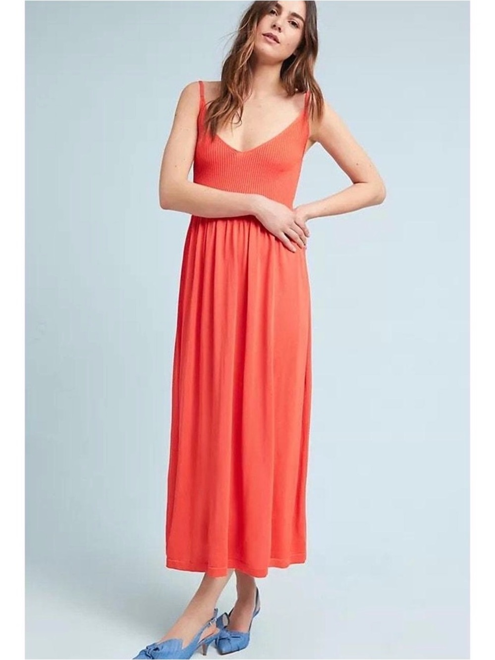Maria Hoffman Delilah Ribbed Knot Tank Midi Dress Poppy Orange Size Medium GUC